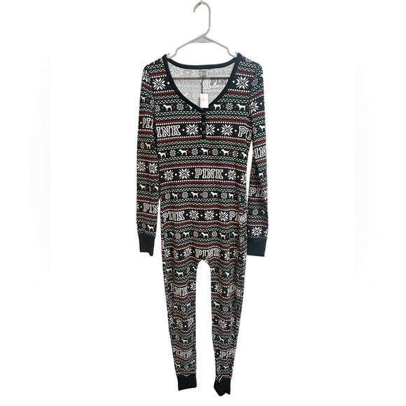 Victoria’s Secret “PINK" Dog Fair Isle One Piece Onesie Long Johns Medium NWT - Picture 2 of 9